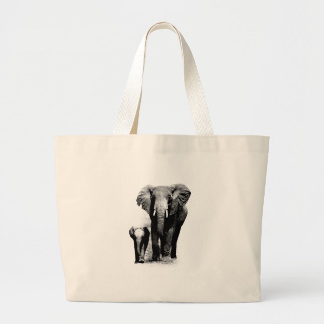 BW Elephant & Baby Elephant Large Tote Bag (Front)