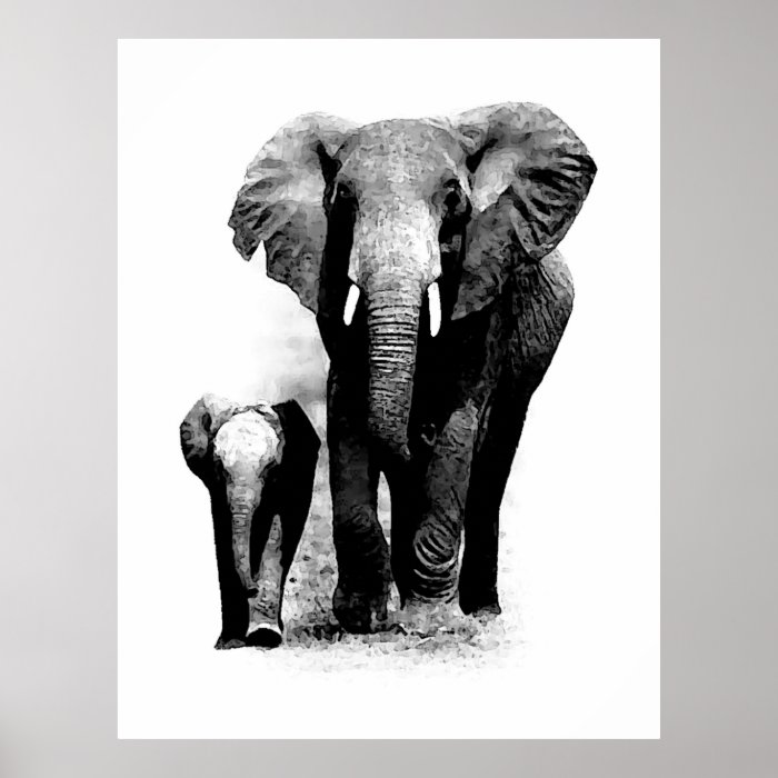 BW Elephant & Baby Elephant Poster