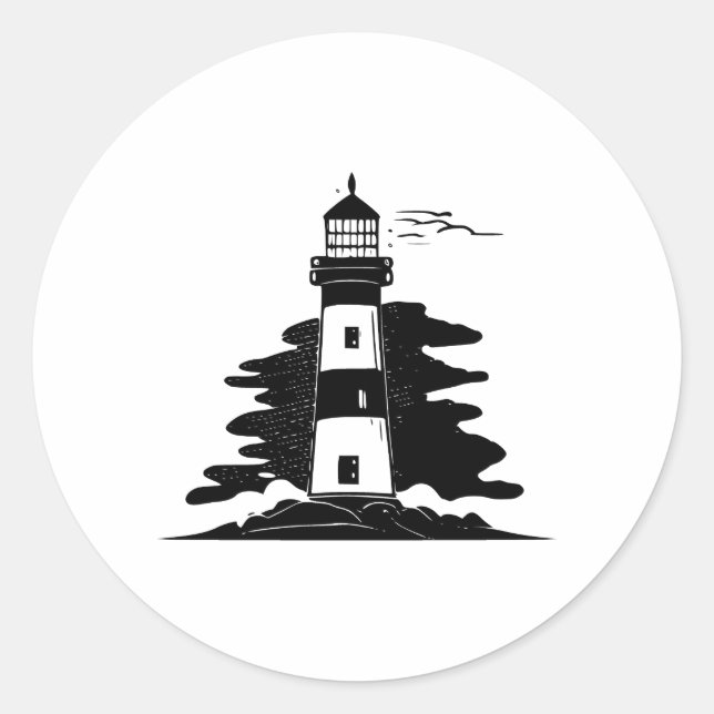 BW Minimalist Lighthouse Design Classic Round Sticker (Front)