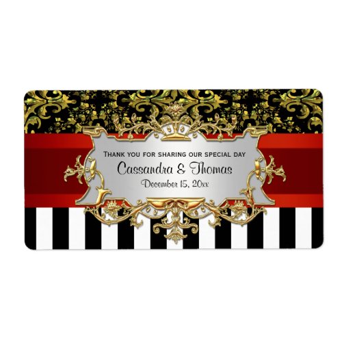 BW Stripe Black Gold Damask H Wine Bottle Label