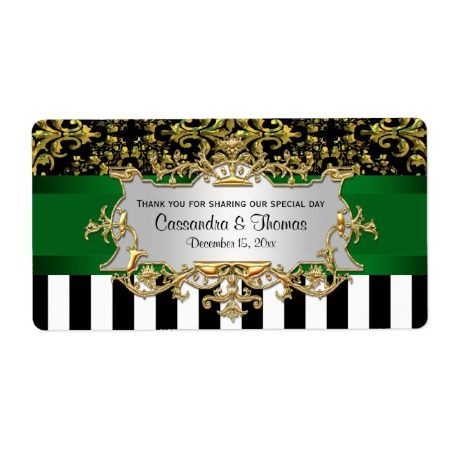 BW Stripe, Black Gold Damask H Wine Bottle Label (Front)