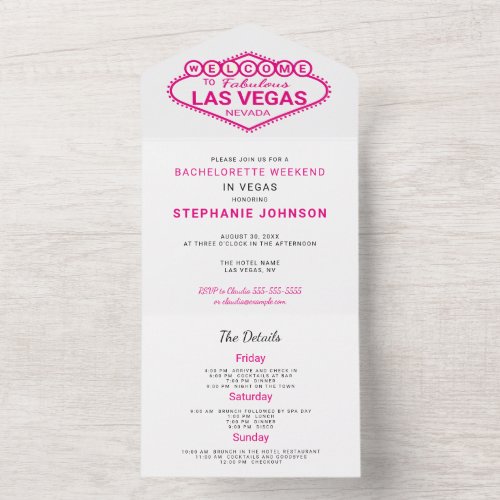 BW with Hot Pink Vegas Bachelorette Weekend All In One Invitation