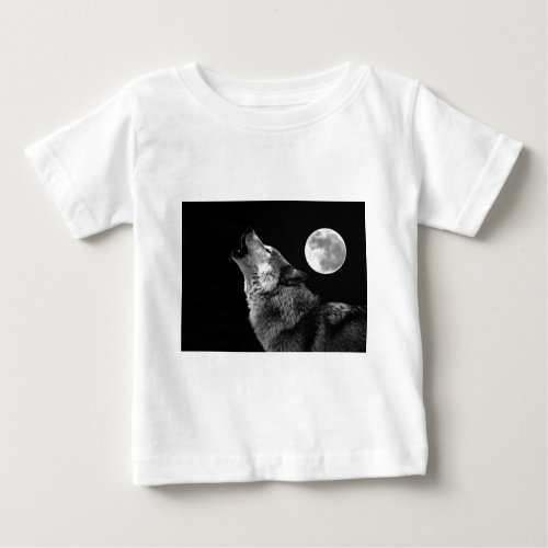 BW Wolf Howling at Moon Baby T_Shirt