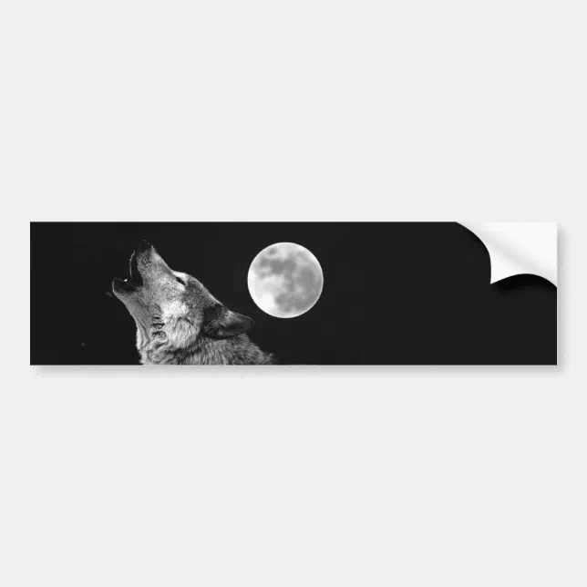 BW Wolf Howling At Moon Bumper Sticker | Zazzle