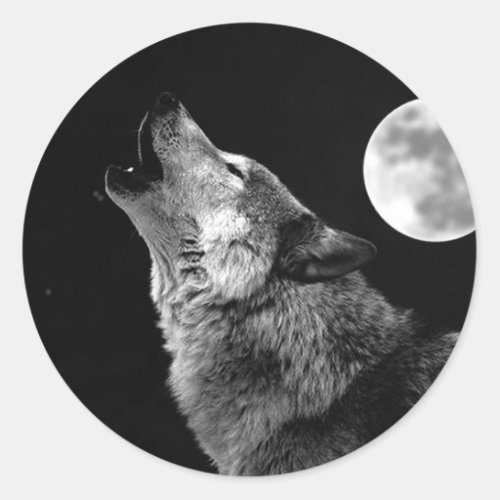 BW Wolf Howling at Moon Classic Round Sticker