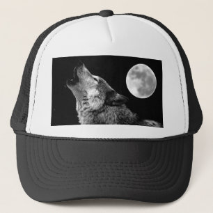 BW Wolf Howling at Moon Trucker Hat
