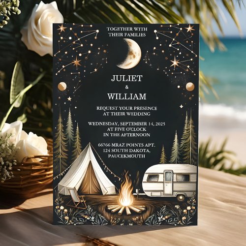 By Cabin Forest Wood Sky Tree Fire Camping Wedding Invitation