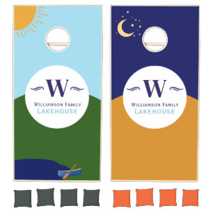 By day and by night - Family Lakehouse blue green Cornhole Set