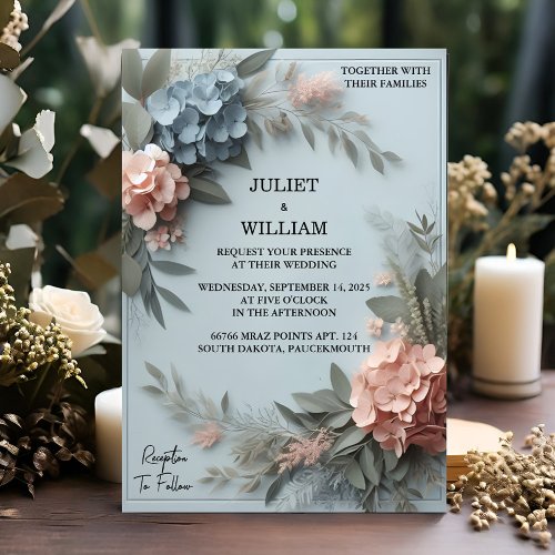 By Eucalyptus Lace Tulle Pastel Dusty Blue Wedding Invitation