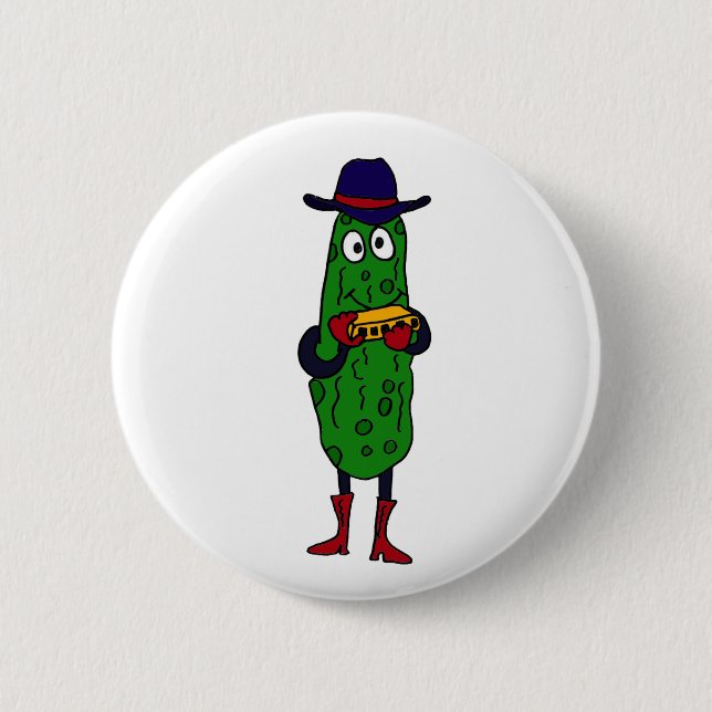 BY- Funny Pickle Playing Harmonica Cartoon Pinback Button (Front)