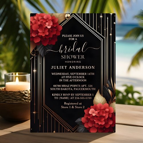 By Garden Diamond Red Black And Gold Bridal Shower Foil Invitation