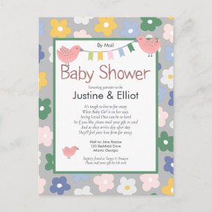 By Mail Flowers and Birds Girls Baby Shower Postcard