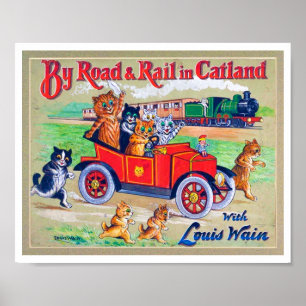 By Road & Rail in Catland, Louis Wain Poster