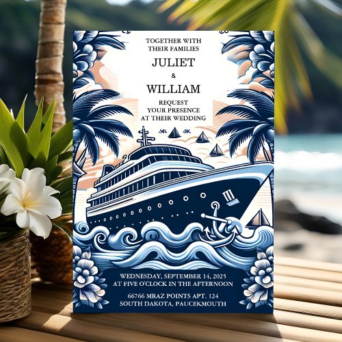 By Rope Knot Boat Ship Navy Blue Nautical Wedding Invitation