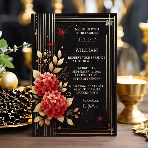 By Roses Garden Diamond Red Black And Gold Wedding Foil Invitation