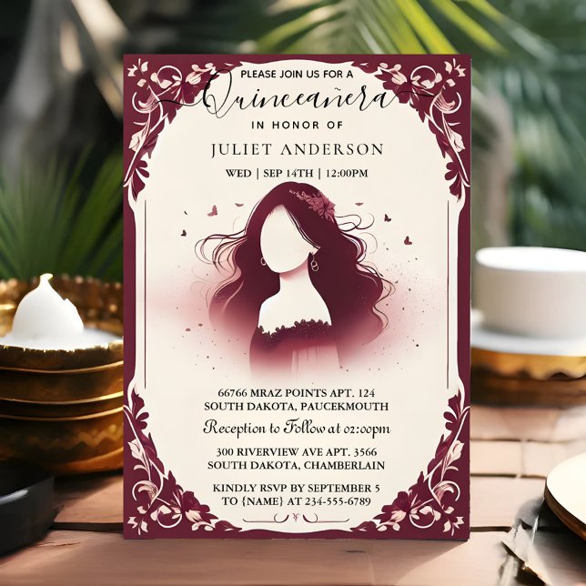 By Silver Plum Lace Gown Boho Burgundy Quinceanera Invitation (Creator Uploaded)