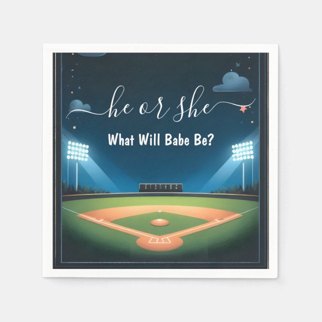 By Team Ball Game Pitch Fun Baseball Gender Reveal Napkins (Front)