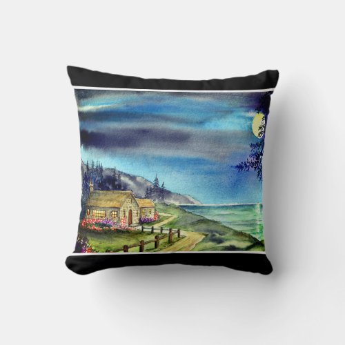 By The Light of The Silvery Moon Watercolor Throw Pillow