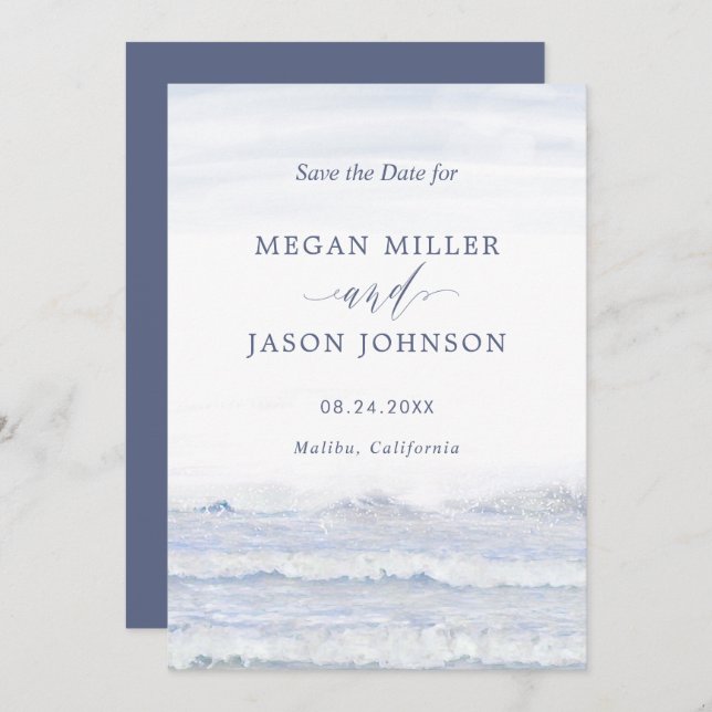 By the Ocean, Blue White Destination Wedding Invitation (Front/Back)