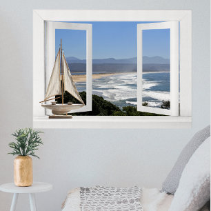 By the Ocean -- Open Window View with Sail Boat Poster