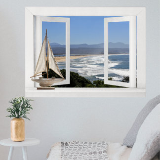 By the Ocean -- Open Window View with Sail Boat Poster