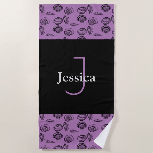 By The Sea Shells Monogram Name  Beach Towel (Front)