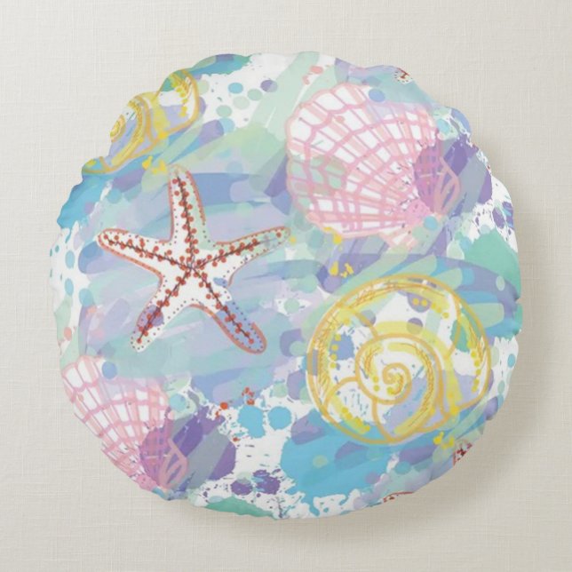 By the Seaside Round Indoor/Outdoor Throw Pillow (Front)