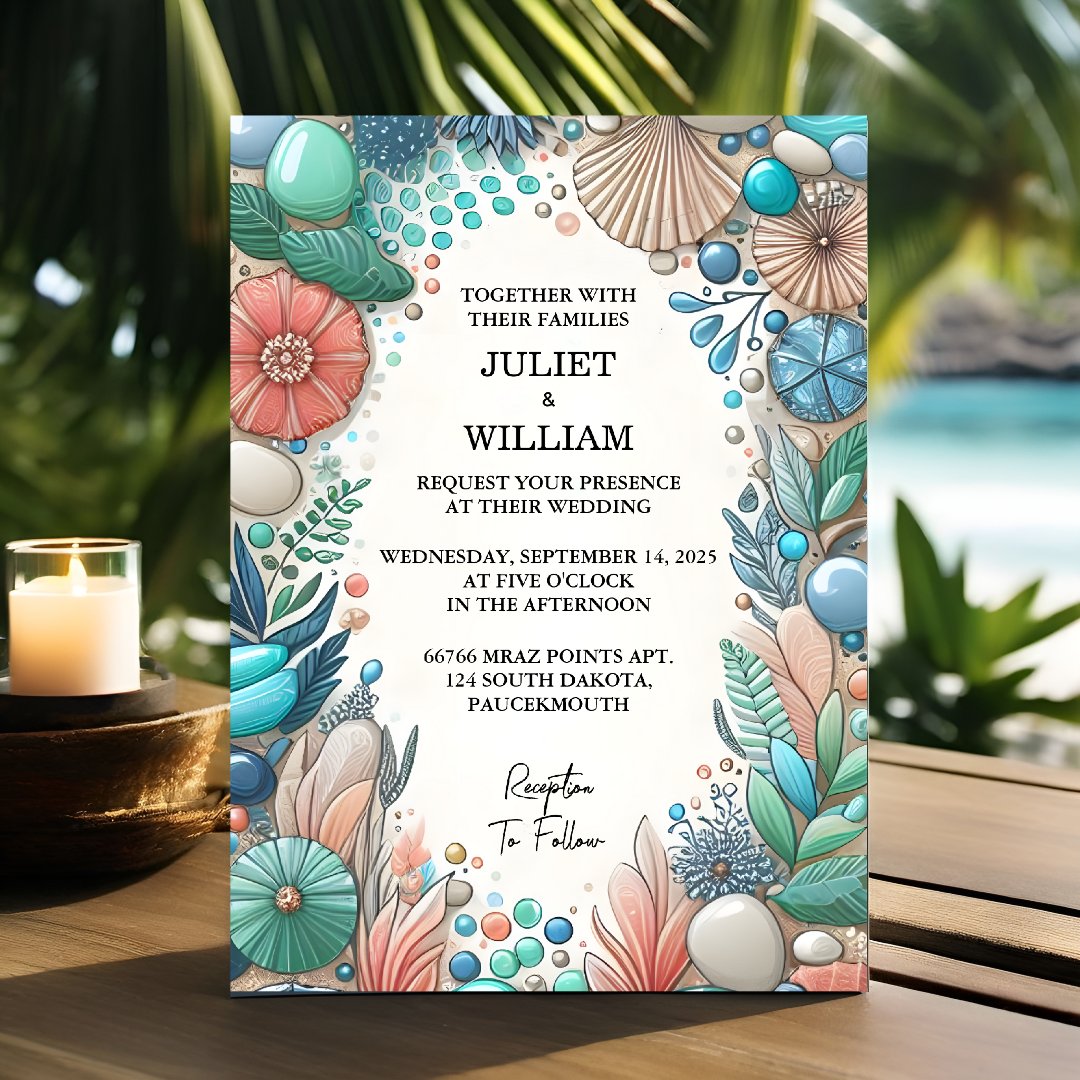 By Tribal Aqua Sand Work Stacked Sea Glass                    Wedding Invitation