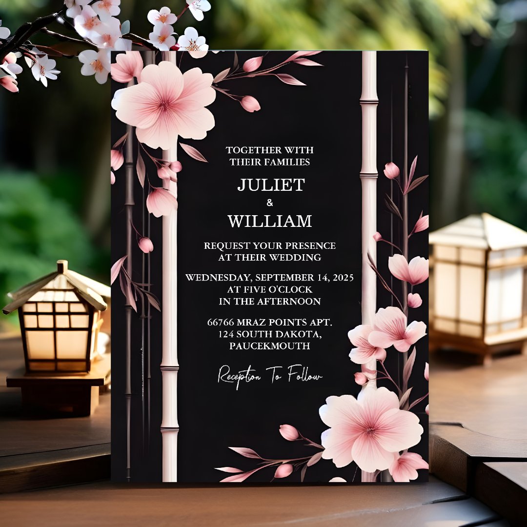 By Wood Bamboo Pink Sakura Cherry Blossom Wedding                    Invitation