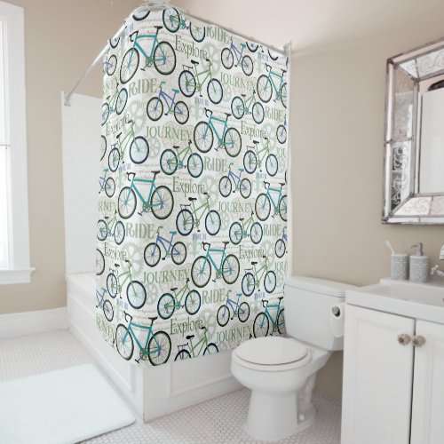 Bycycle Journey Blue and White Shower Curtain