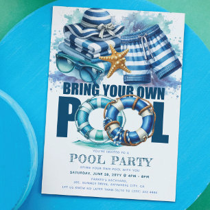 BYO Pool Summer Party Blue Turquoise Watercolor Invitation
