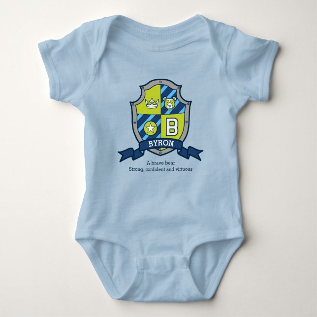 Byron boys B name & meaning knights shield Baby Bodysuit (Front)