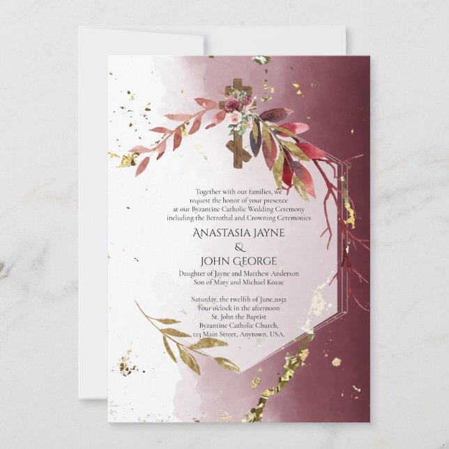 BYZANTINE Betrothal Crowning Wedding Floral Cross Invitation (Front)