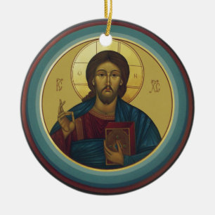 Byzantine Christ Pantocrator Round Mosaic Art Ceramic Ornament