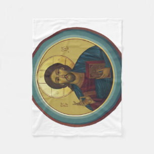 Byzantine Christ Pantocrator Round Mosaic Art Fleece Blanket