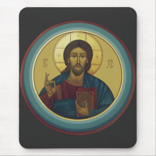 Byzantine Christ Pantocrator Round Mosaic Art Mouse Pad