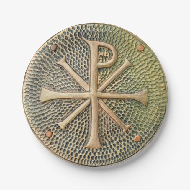 Byzantine cross symbol metal medallion history anc paper plates (Front)