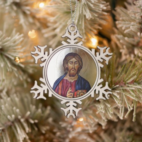 Byzantine Icon of Christ Pantocrator Snowflake Pewter Christmas Ornament