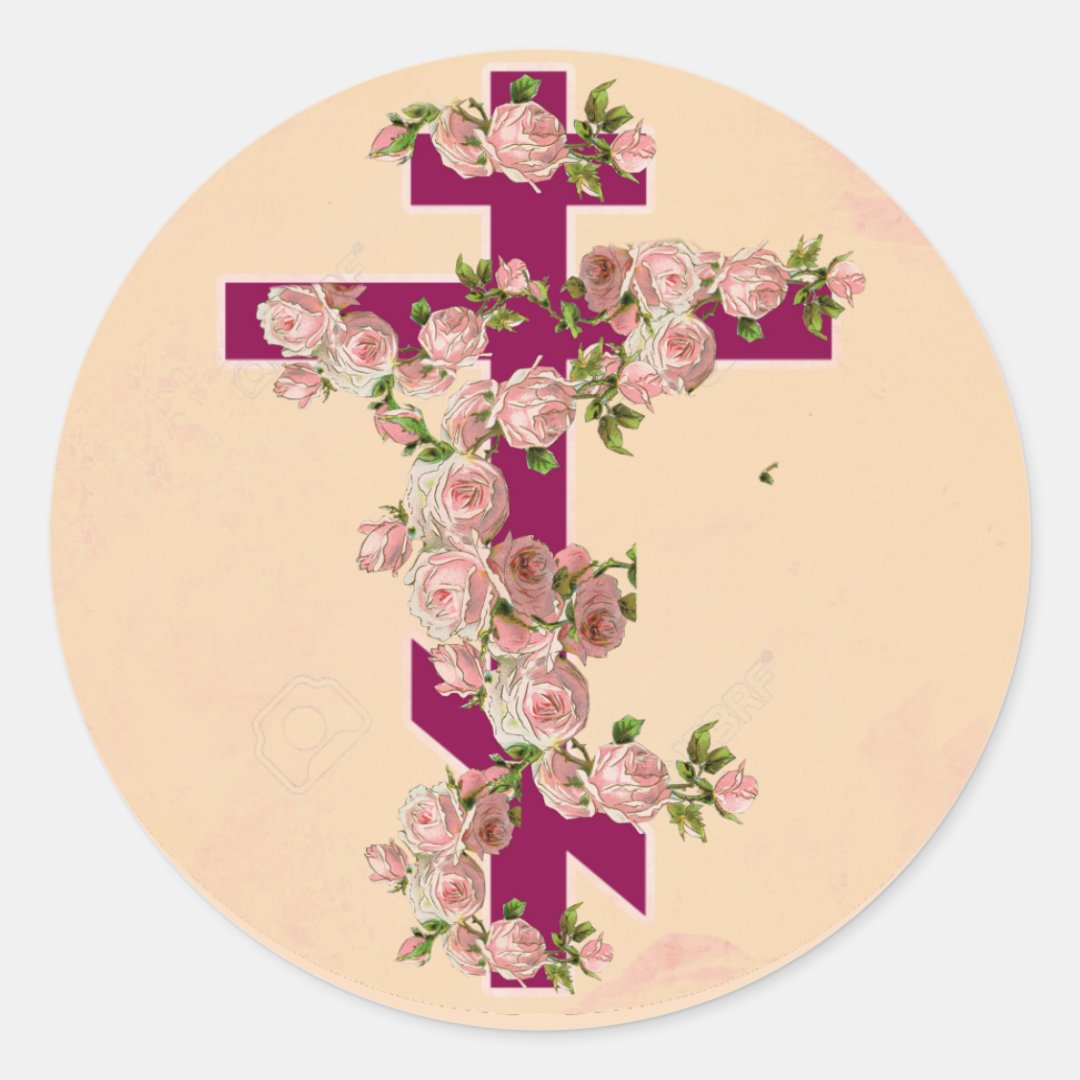 Byzantine Orthodox Eastern Rite Cross Pink Roses Classic Round Sticker ...