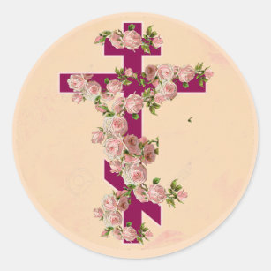 Byzantine Orthodox Eastern Rite Cross Pink Roses Classic Round Sticker