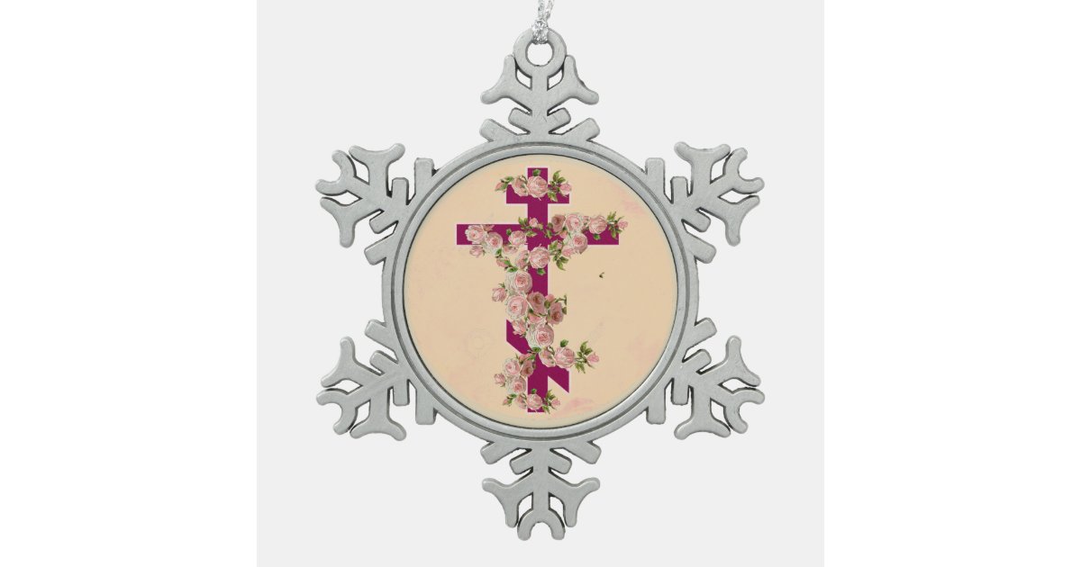 Byzantine Orthodox Eastern Rite Cross Pink Roses Snowflake Pewter