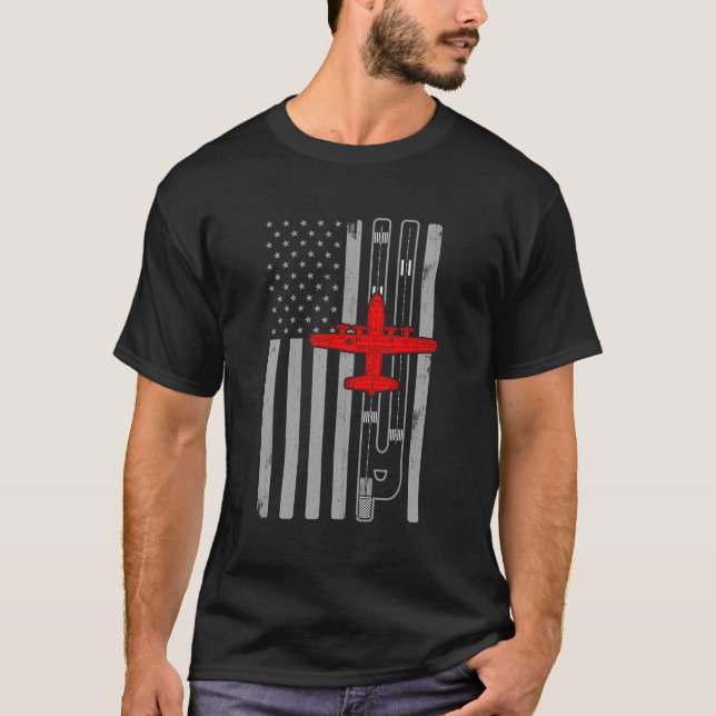 C130 Hercules Gunship Airplane American Flag Runwa T-Shirt (Front)