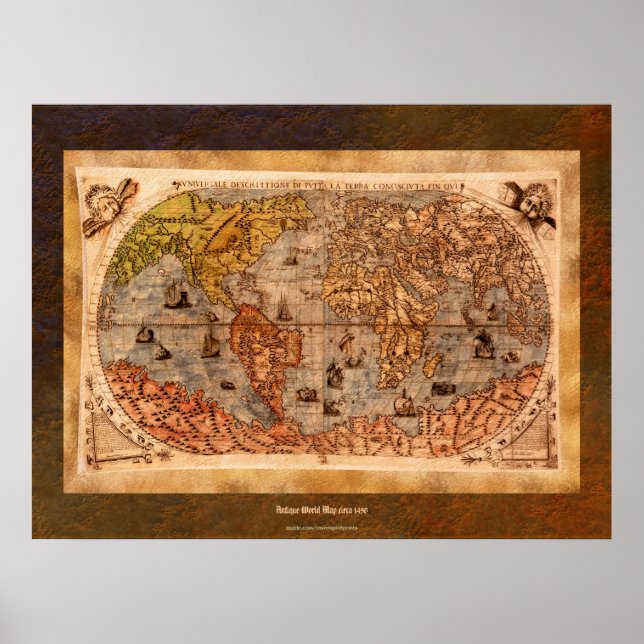 c1490 Antique World Map Art w Organic Border Poster (Front)
