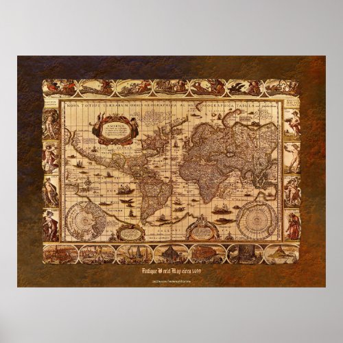 c1499 Antique World Map Art w Organic Border Poster