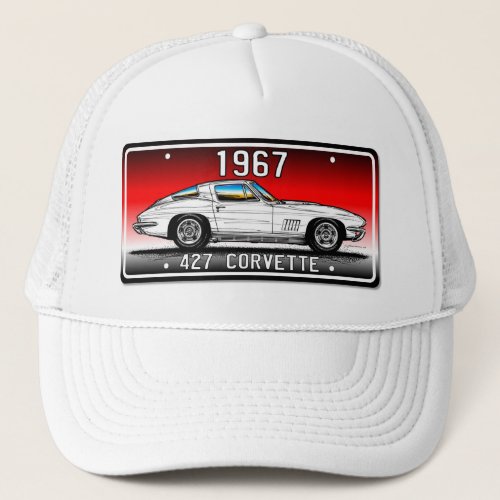 C2 1967 Corvette License Plate Art_Red Background Trucker Hat