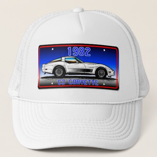 C3 1982 Corvette License Plate Art_Blue Background Trucker Hat