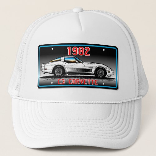 C3 1982 Corvette License Plate Art_Gray Background Trucker Hat