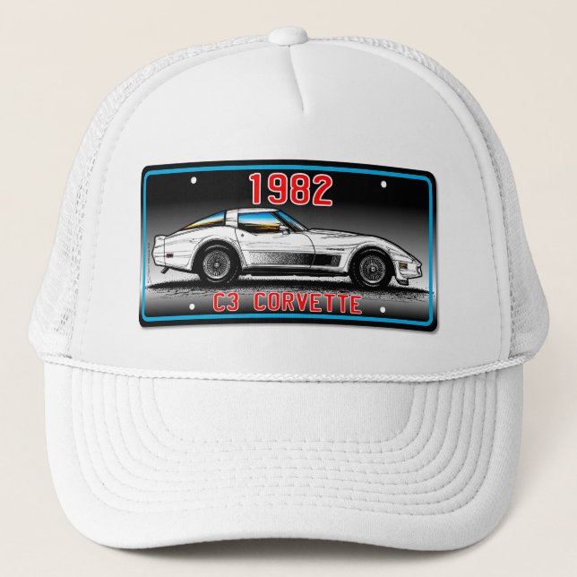 C3 1982 Corvette License Plate Art-Gray Background Trucker Hat (Front)