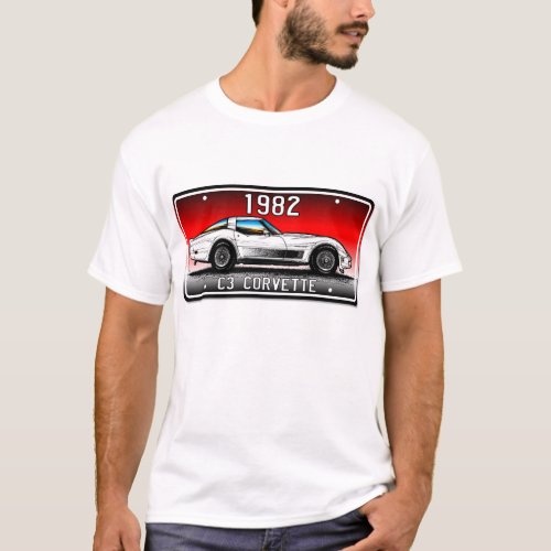 C3 1982 Corvette License Plate Art_Red Background T_Shirt