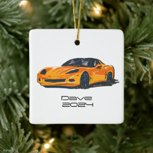 C6 Corvette Sports Car Orange Hand Drawn Sketch Ceramic Ornament